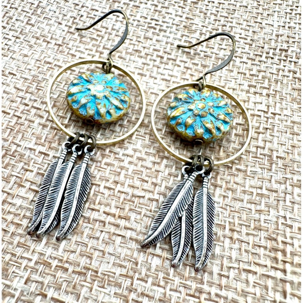 Silver Feathers & Turquoise Sunburst Dreamcatcher Earrings - Picture 2 of 2